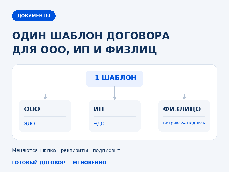 Настроили один шаблон договора для ООО, ИП и ФЛ